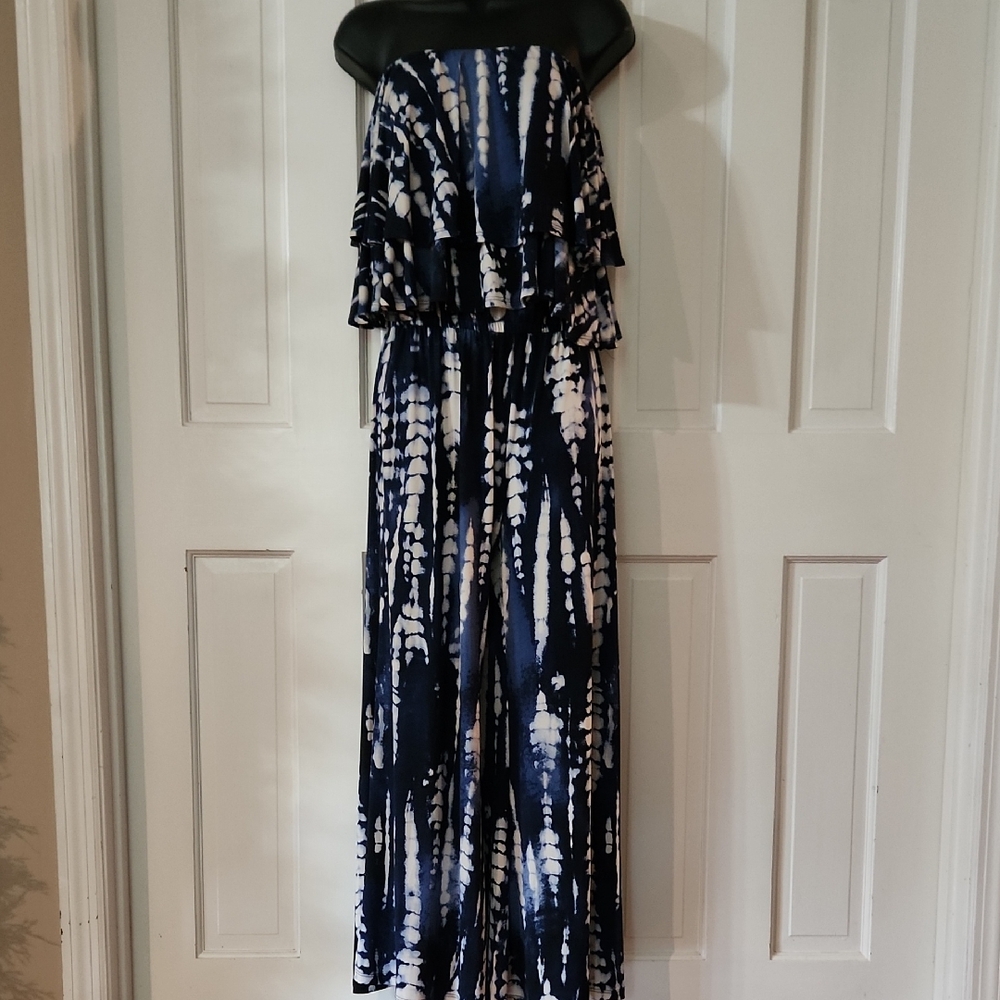 Navy & White Tie-Dye Strapless Jumpsuit - Womens Size: Medium